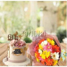 Pink Rose Cake With Gerberas Bouquet 